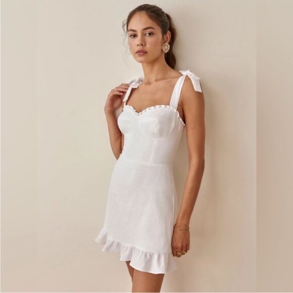 Reformation Desiree Linen Mini White Dress Size 0 8 - Picture 3 of 8